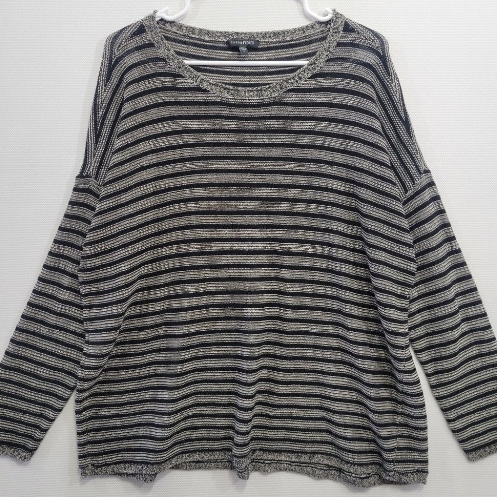 Eileen Fisher Black and Tan Wool/Linen Sweater Sz Large